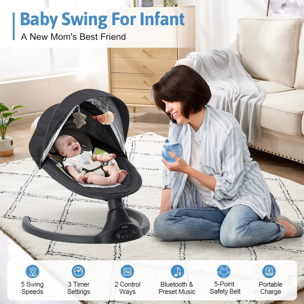 🍼 Electric Baby Swing with Bluetooth Music – 5 Sway Modes, 3 Timers, Black Infant Bouncer Rocker