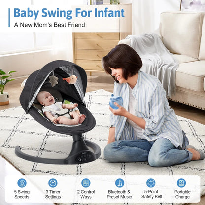 🍼 Electric Baby Swing with Bluetooth Music – 5 Sway Modes, 3 Timers, Black Infant Bouncer Rocker