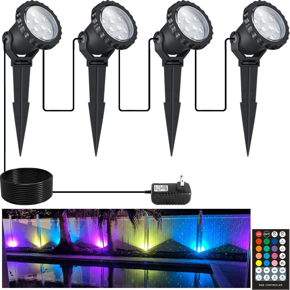 Spotlights Outdoor, 12W 800Lm RGB Color Changing Landscape Lights with Remote, IP66 Waterproof Outdoor Lights for Tree Yard House, 46.5Ft Cord, UL Listed, 4 Pack