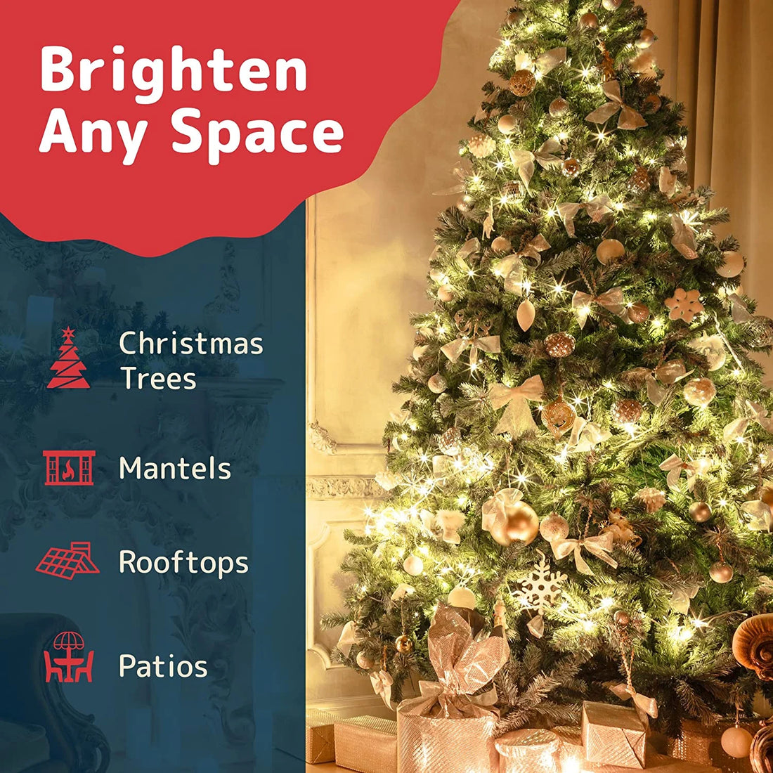 Christmas Lights – 60ft String Lights with 300 Clear Warm White Bulbs, White Wire – Indoor/Outdoor Twinkle Lights for Christmas Tree, Holiday, Wedding &amp; Party Décor