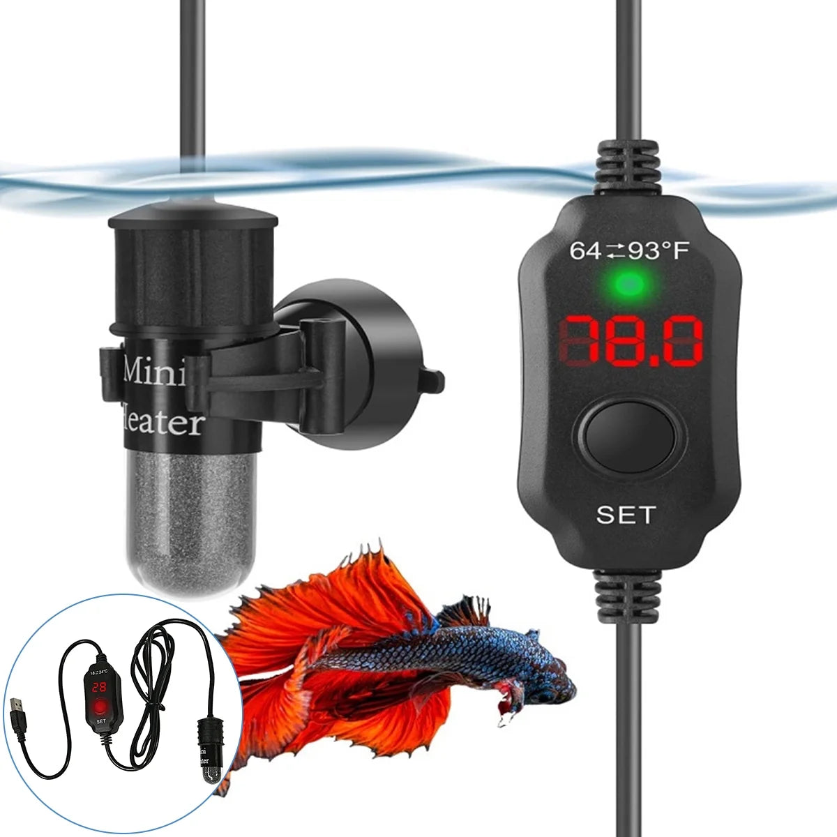 Evjurcn Aquarium Heater 10W Mini Fish Tank Heater with Digital Display Thermostat Adjustable Temperature 64~93F Set Arbitrarily 5V/2A USB Powered Automatic Power-Off for 1 to 5L Tanks(Black)
