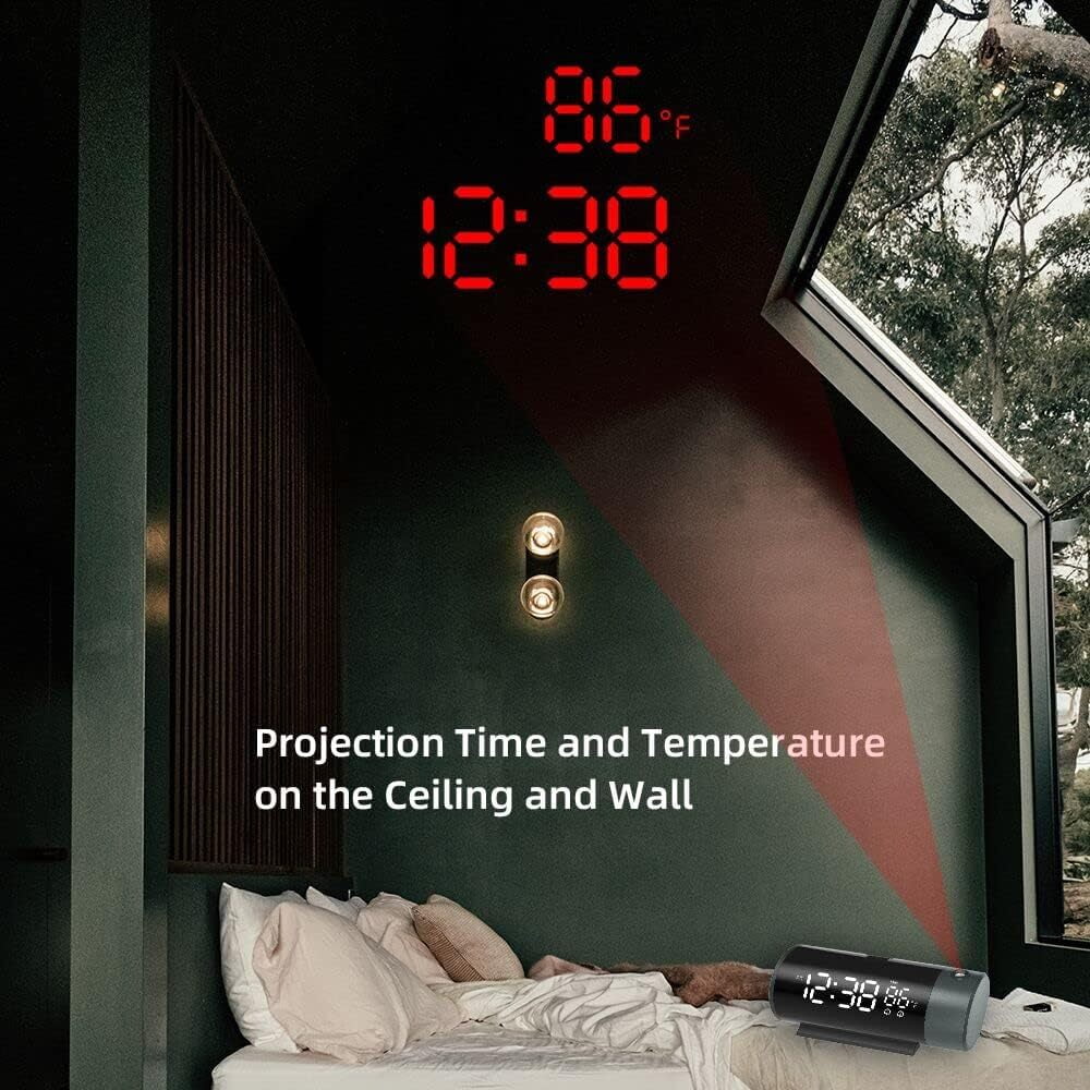 Projection Alarm Clock with USB Charger Ports – LED Digital Dual Alarm Clock with 180° Ceiling/Wall Rotating Projector, Dimmer &amp; Snooze for Bedroom, Home, or Office