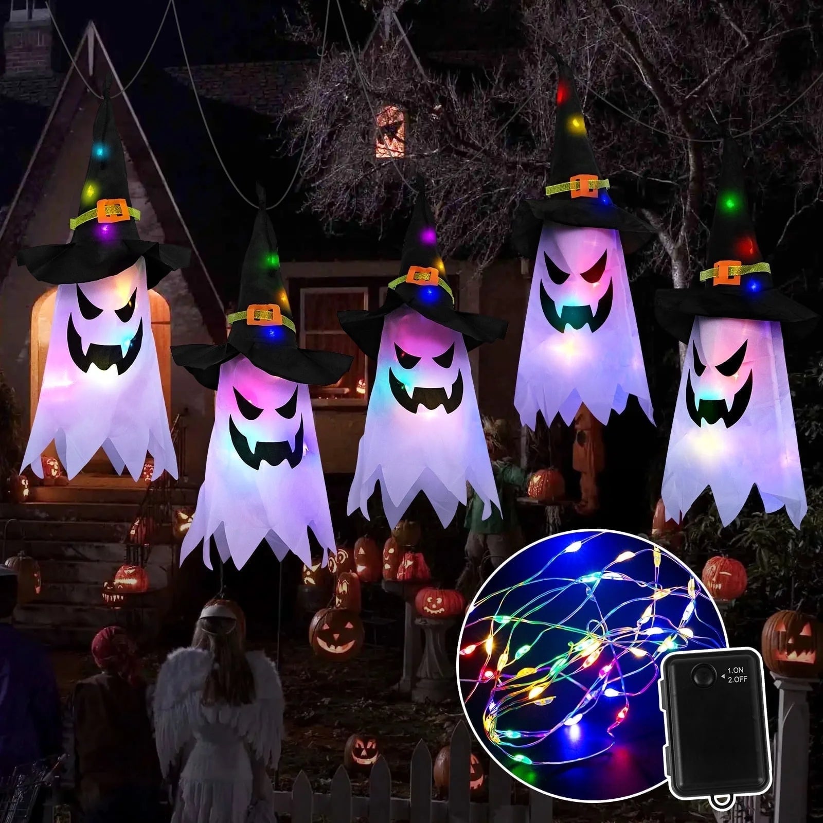 🎃 5 Pcs Halloween Lights – Glowing Ghost &amp; Witch Hat Decorations  Indoor &amp; Outdoor Halloween Decor Ornaments for Home, Garden, Yard