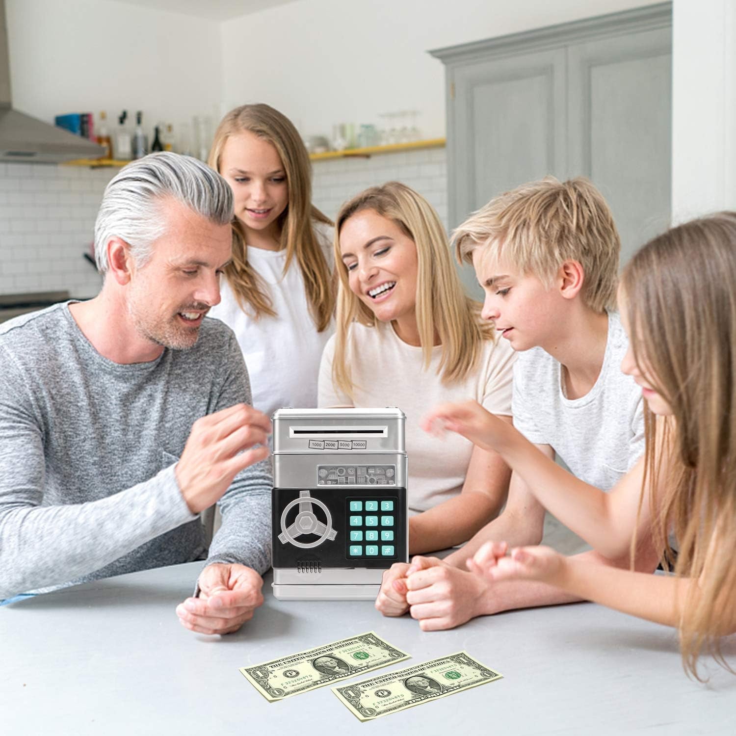 Electronic Piggy Bank – Mini ATM Password Money Bank for Kids, Cash &amp; Coin Saving Box, Cartoon Safe Toy (Silvery)