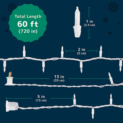 Christmas Lights – 60ft String Lights with 300 Clear Warm White Bulbs, White Wire – Indoor/Outdoor Twinkle Lights for Christmas Tree, Holiday, Wedding &amp; Party Décor