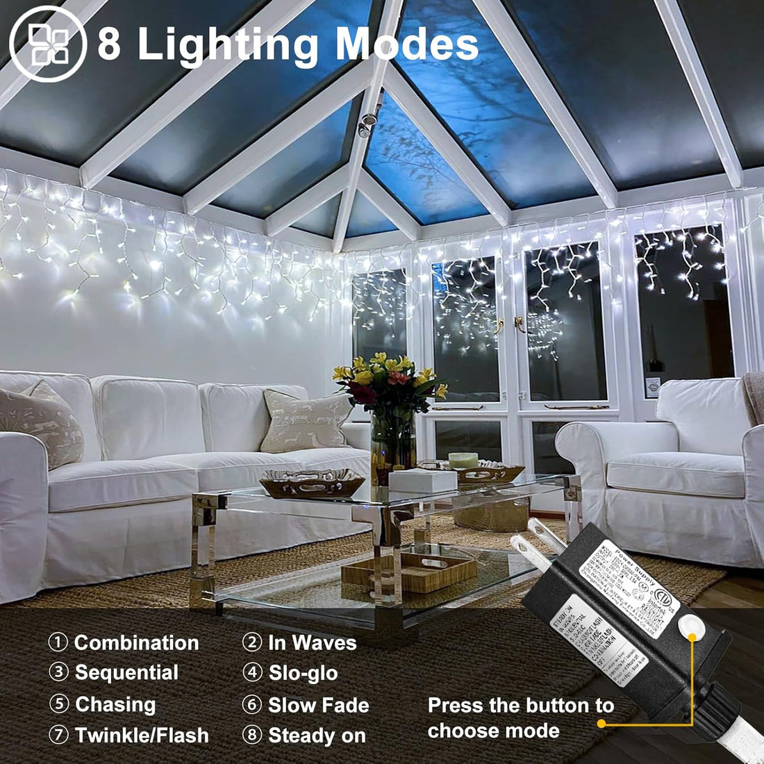 66Ft 640 LED White Icicle Christmas Lights – Waterproof Outdoor/Indoor Holiday Lights with 8 Modes &amp; Timer – Plug-In Connectable for House, Roof, Yard, Eaves &amp; Party Decor