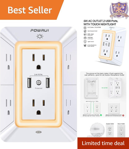 USB Wall Charger Surge Protector 6-Outlet Extender with Night Light &amp; 2 USB Ports