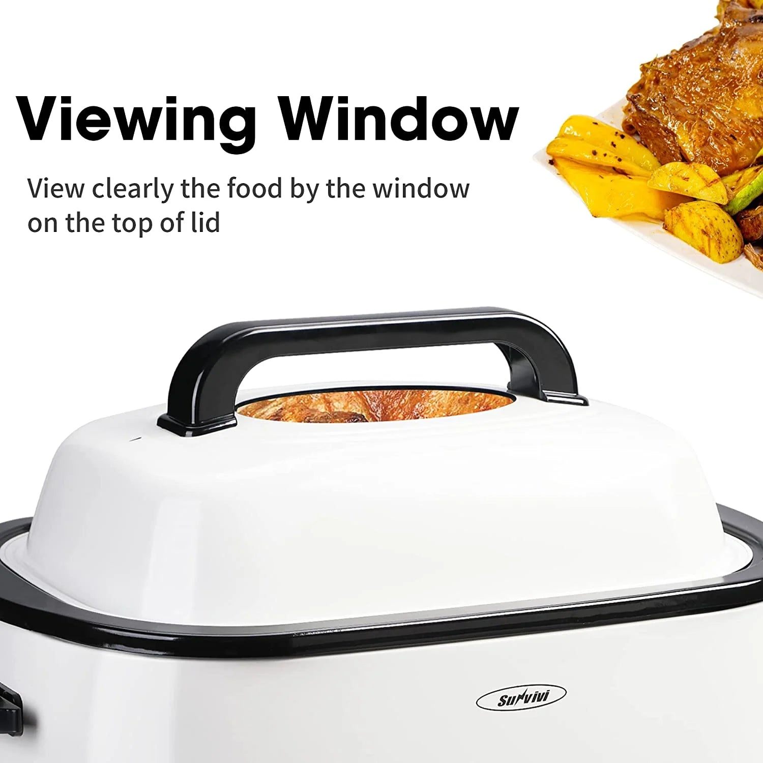 26 Quart Electric Turkey Roaster Oven — Stainless Steel with Visible &amp; Self-Basting Lid, White