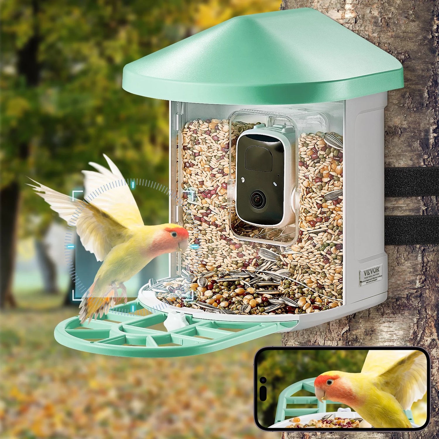 VEVOR Smart Bird Feeder with Camera – 2K HD AI Bird Recognition, Auto Capture, Night Vision, Solar Powered, Motion Detection &amp; App Control
