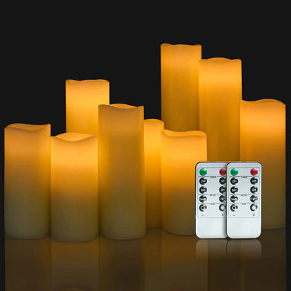 9-Pack Flameless Real Wax LED Pillar Candles – Battery Operated Ivory Electric Candles with Flickering Light, Remote Control &amp; Timer, 300+ Hours Use for Halloween &amp; Home Decor