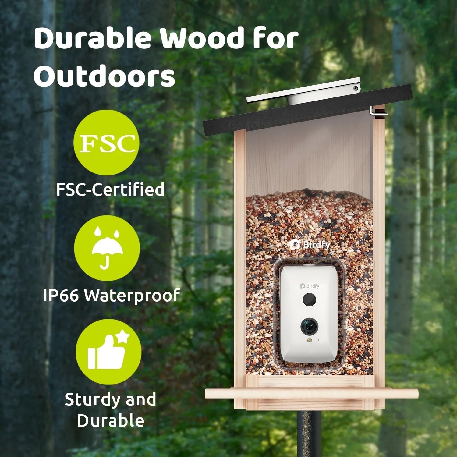 Smart Bird Feeder with Camera &amp; Solar Panel – AI Identifies 6000+ Species, Eco-Friendly Wooden Design, 1080P HD Bird Watching Camera – Ideal Gift (Ebony)
