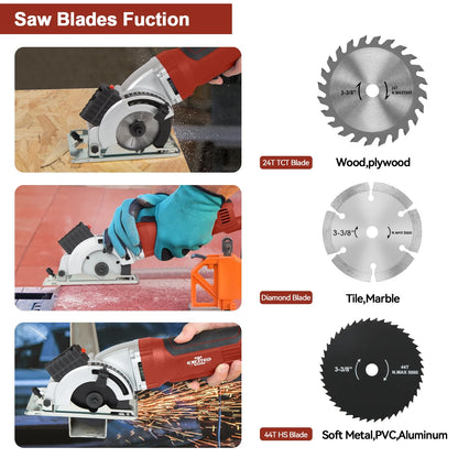 4.5-Amp 3-3/8&quot; Compact Electric Circular Saw with Laser Guide – 6500 RPM High-Speed Power Saw for Wood, Tile, and Plastic Cutting