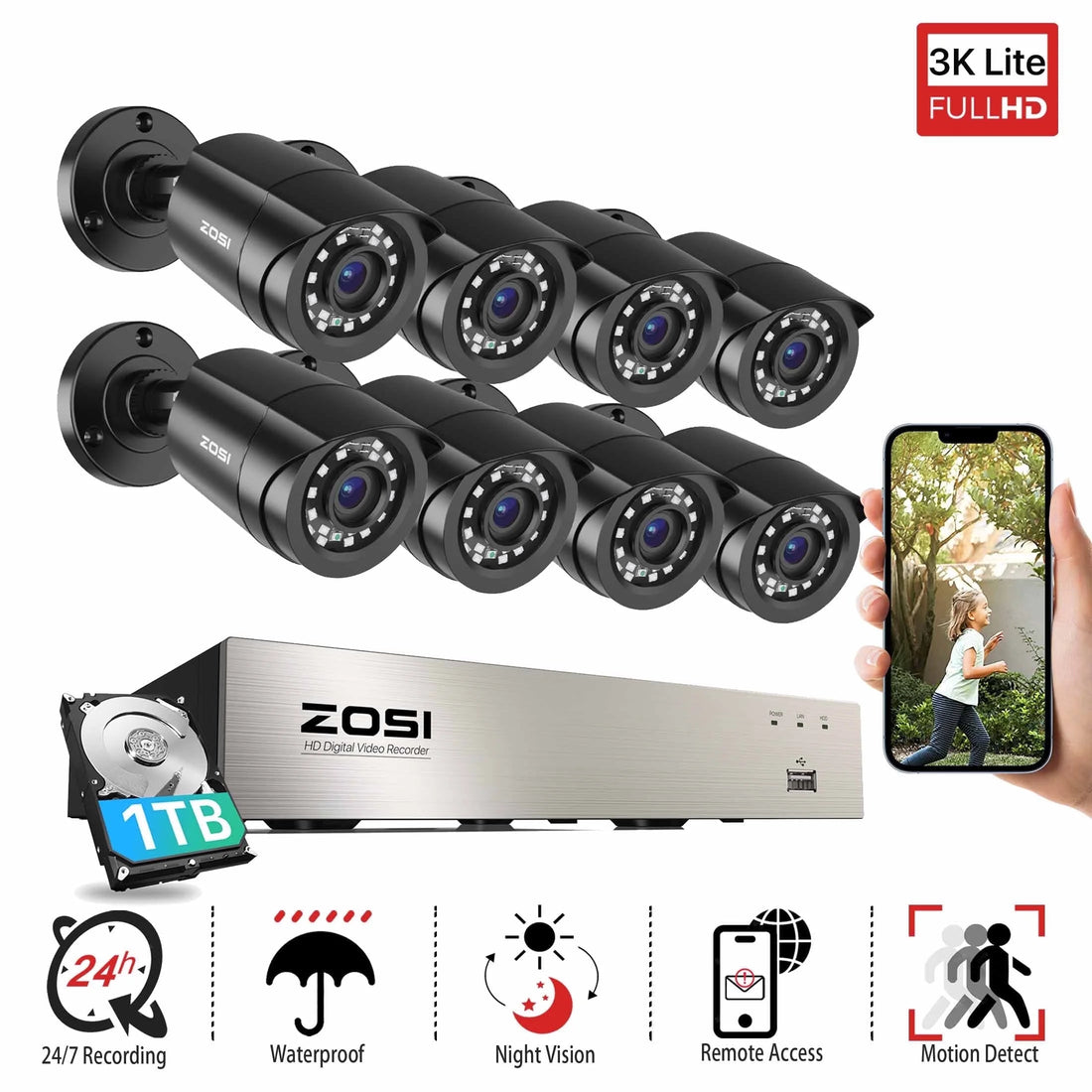 8CH H.265+ 5MP Lite CCTV Security Camera System with 1TB HDD, 1920TVL Weatherproof Cameras, Night Vision, Motion Alerts &amp; Remote Access