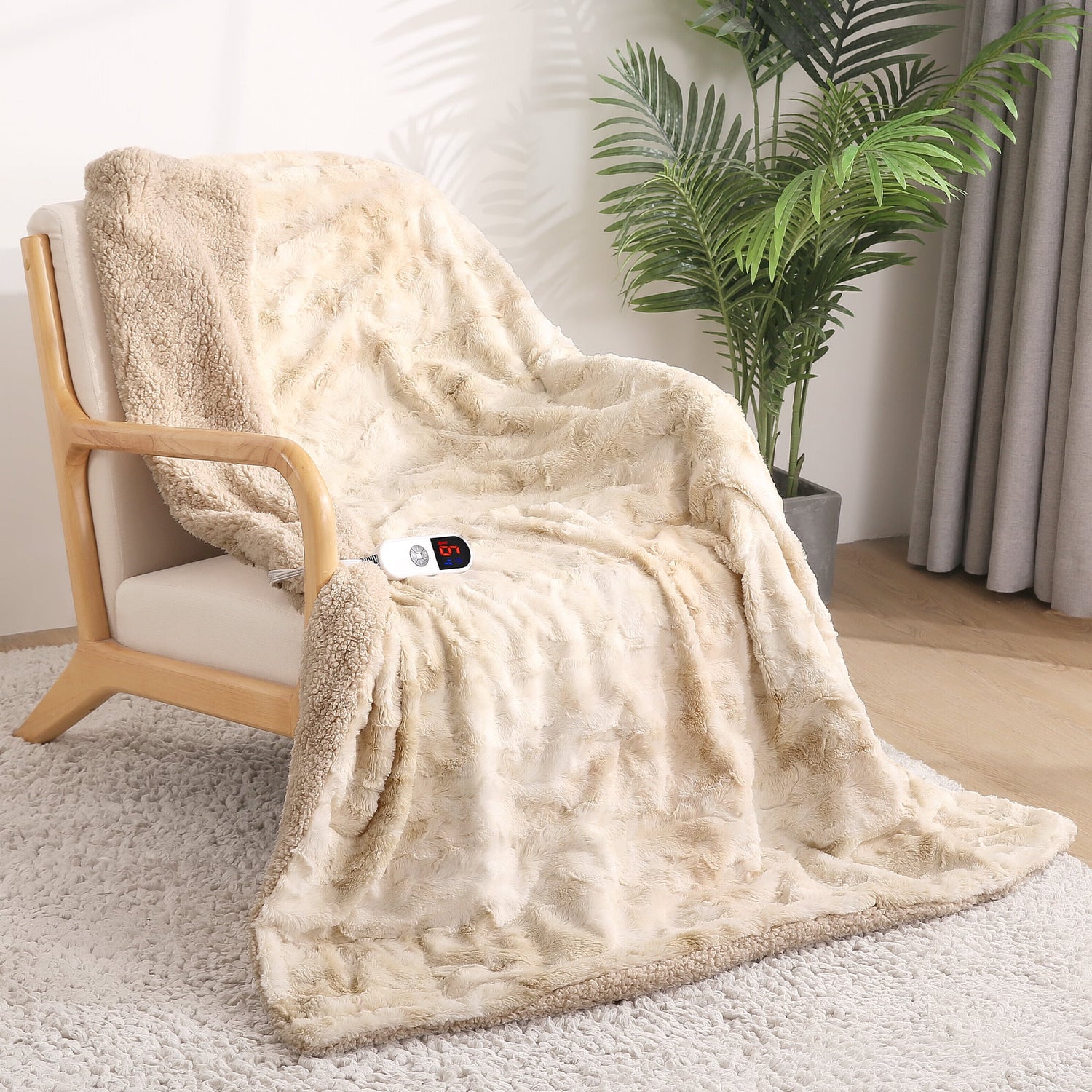Electric Throw Blanket 50&quot; x 60&quot; – Soft Faux Fur Heated Blanket with Large LED Display, 6 Heat Settings &amp; 4-Hour Timer | Tie-Dye Off White