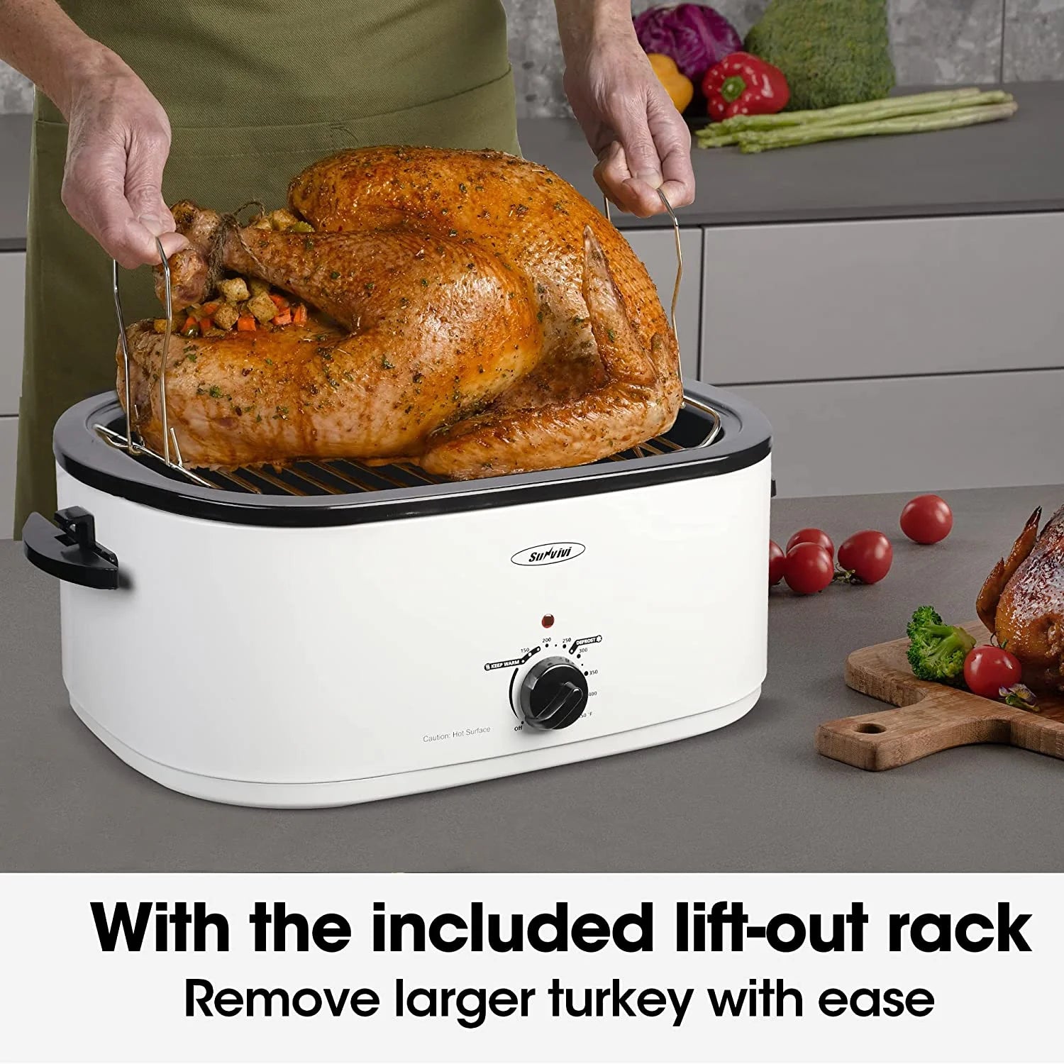 26 Quart Electric Turkey Roaster Oven — Stainless Steel with Visible &amp; Self-Basting Lid, White