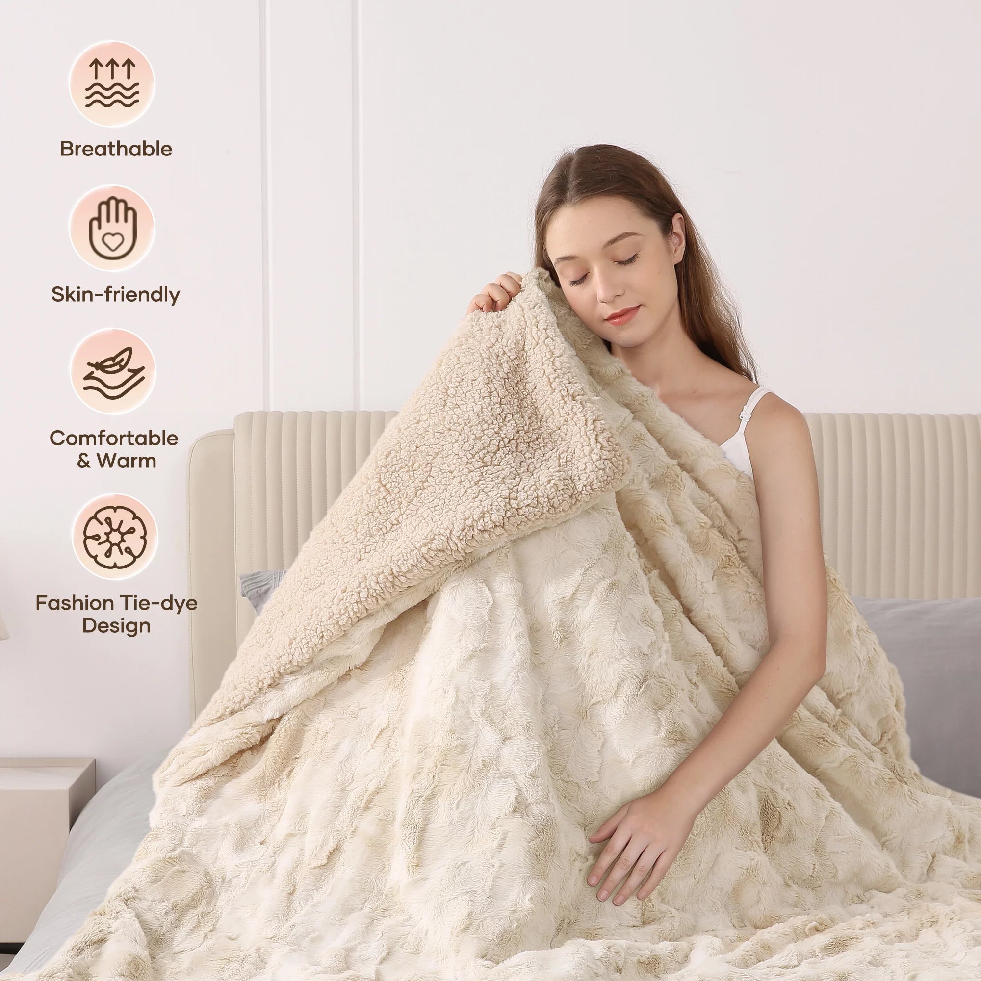 Electric Throw Blanket 50&quot; x 60&quot; – Soft Faux Fur Heated Blanket with Large LED Display, 6 Heat Settings &amp; 4-Hour Timer | Tie-Dye Off White