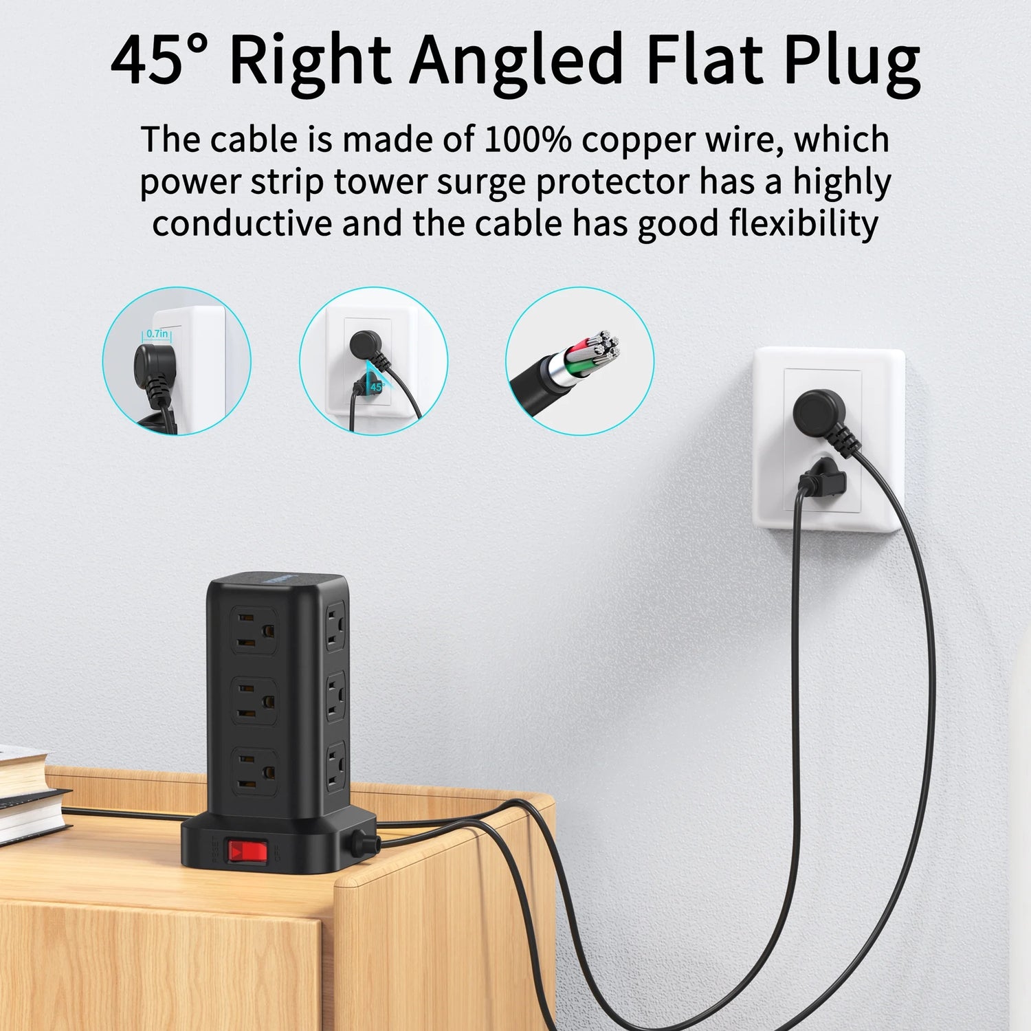Power Strip Tower – 12 Outlets with 4 USB Ports, Surge Protector Charging Station with 6.5Ft Extension Cord (Black)