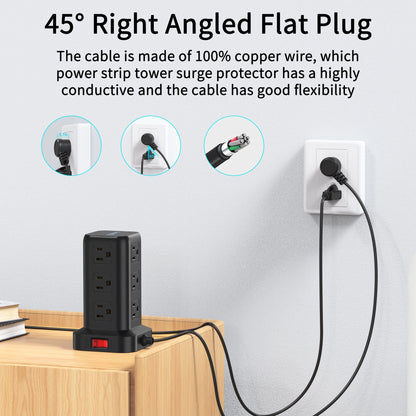 Power Strip Tower – 12 Outlets with 4 USB Ports, Surge Protector Charging Station with 6.5Ft Extension Cord (Black)