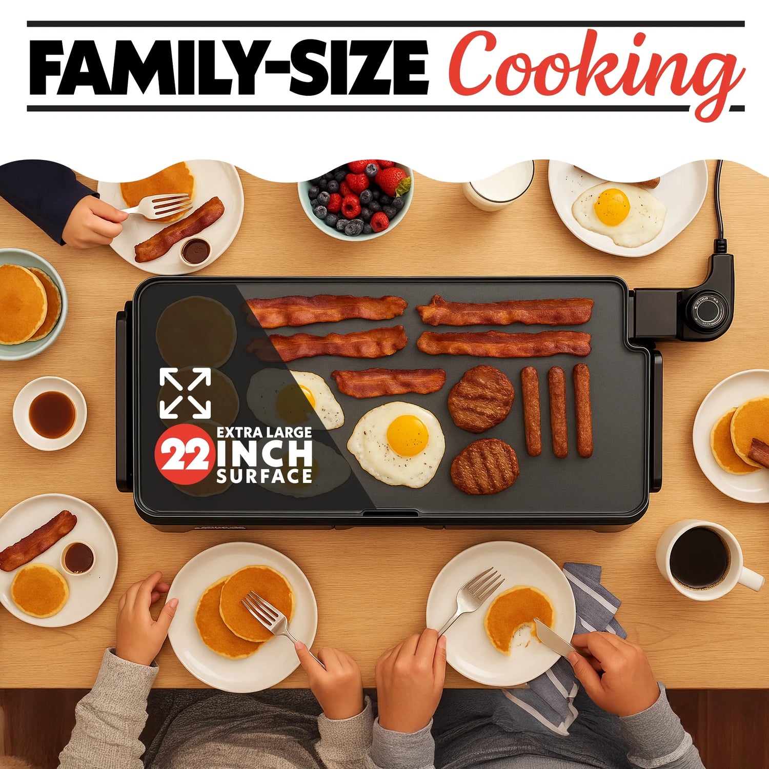 22-Inch Ceramic Nonstick Electric Griddle with Adjustable Temperature Control – Gray, Large Surface for Even Cooking
