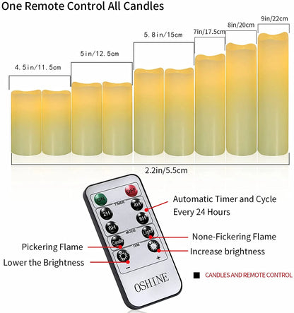 9-Pack Flameless Real Wax LED Pillar Candles – Battery Operated Ivory Electric Candles with Flickering Light, Remote Control &amp; Timer, 300+ Hours Use for Halloween &amp; Home Decor