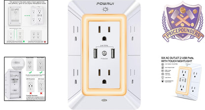 USB Wall Charger Surge Protector 6-Outlet Extender with Night Light &amp; 2 USB Ports