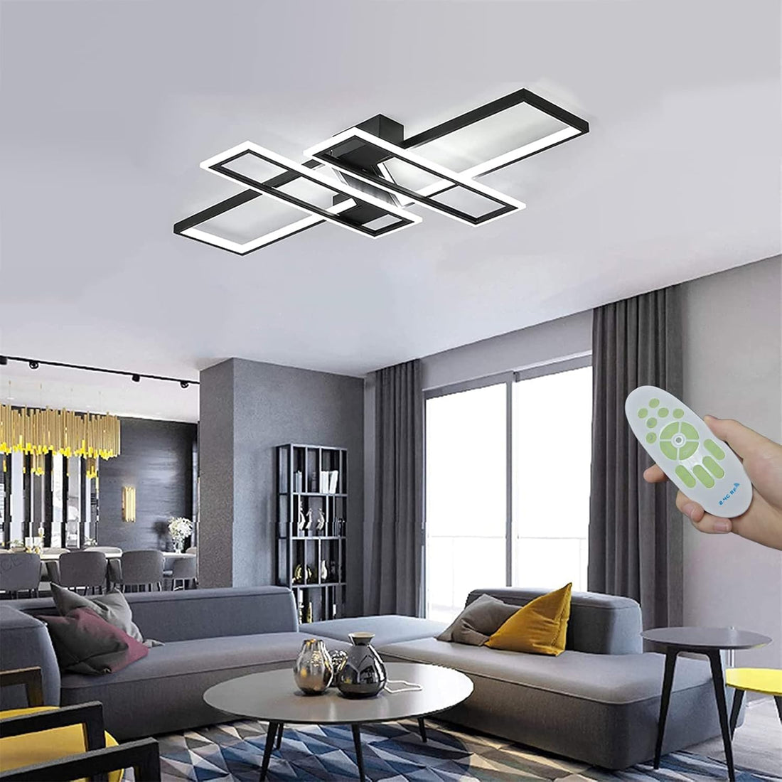 35.4&quot; Modern LED Ceiling Light Fixture – 94W Black Dimmable Rectangular Chandelier with Remote Control, Flush Mount Geometric Lamp for Living Room &amp; Bedroom