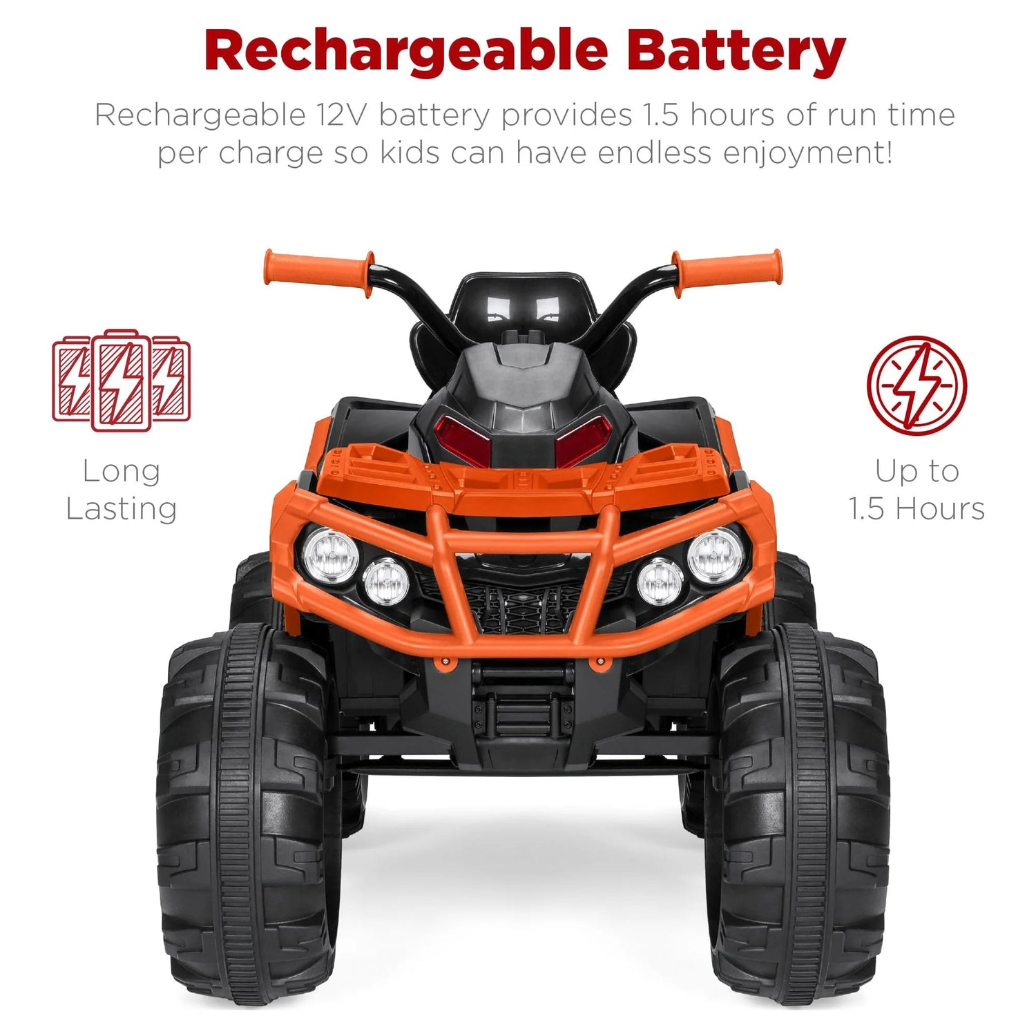 12V Kids Ride-On ATV Quad – Orange with Bluetooth, LED Lights, Treaded Wheels &amp; 2-Speed Forward/Reverse