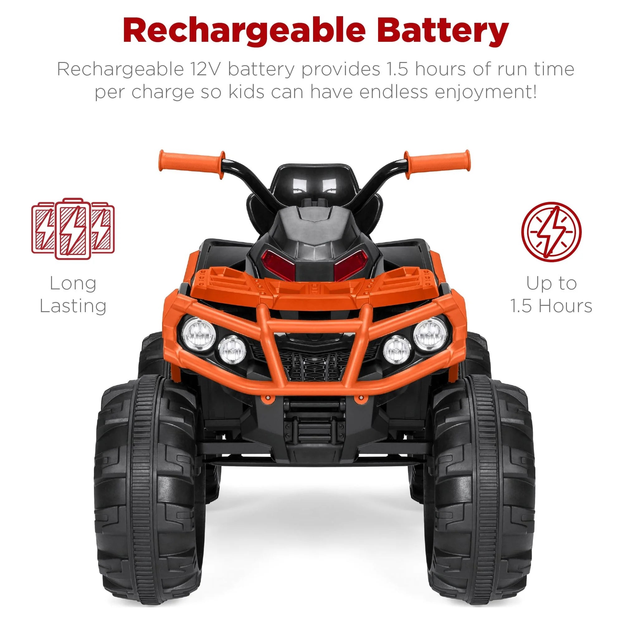 12V Kids Ride-On ATV Quad – Orange with Bluetooth, LED Lights, Treaded Wheels &amp; 2-Speed Forward/Reverse