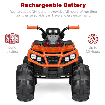 12V Kids Ride-On ATV Quad – Orange with Bluetooth, LED Lights, Treaded Wheels &amp; 2-Speed Forward/Reverse