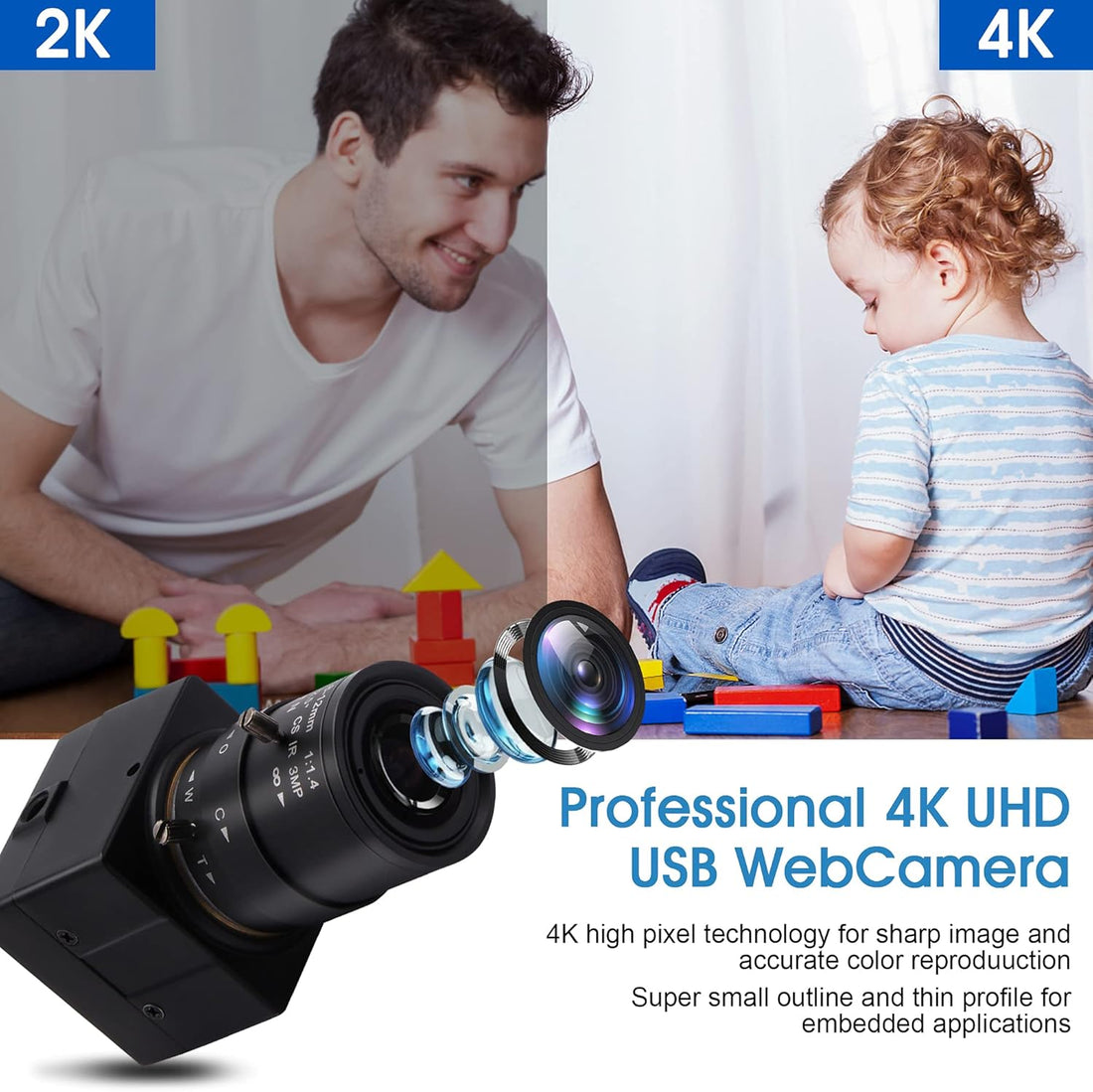 4K Ultra HD USB Camera with 2.8–12mm 4X Varifocal Manual Lens – UVC Compliant USB Webcam for Conference Calls, Live Streaming &amp; OpenCV Support