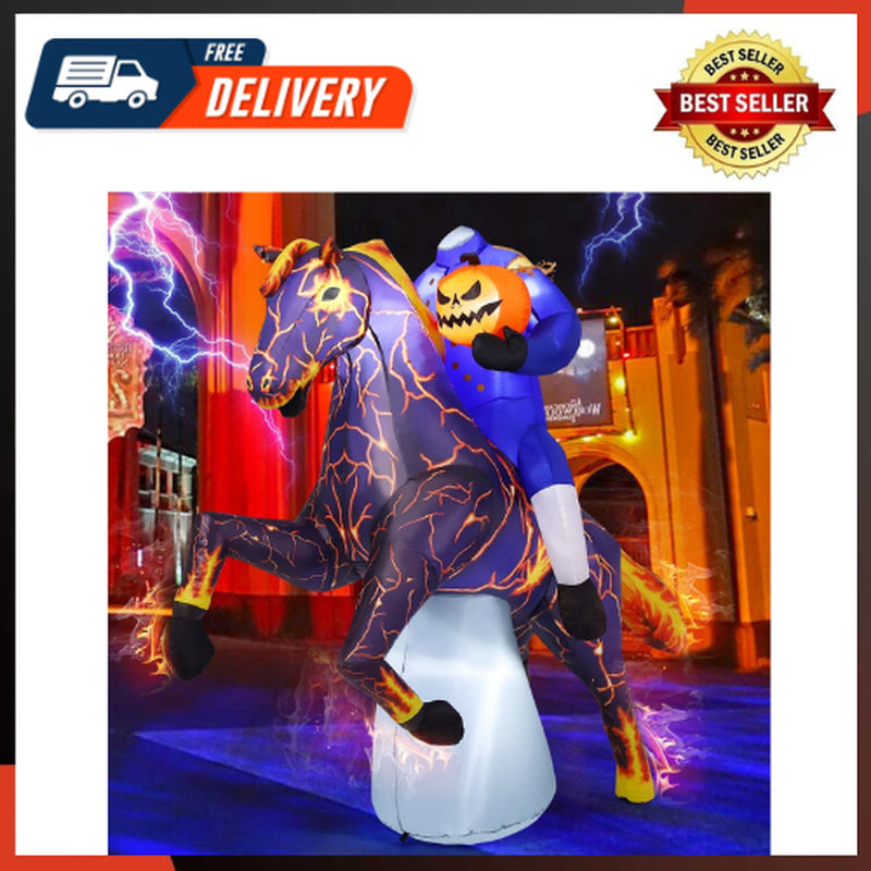 🎃💨 6FT Long Halloween Inflatable Headless Horseman – Spooky Outdoor Blow-Up Decoration with LED Lights for Yard, Lawn, or Garden Display