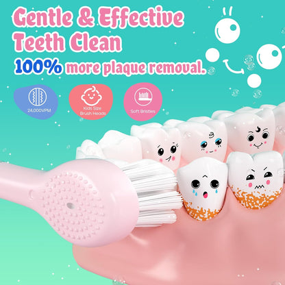 Kids Electric Toothbrush Rechargeable with Magnetic Charging – 8 Heads &amp; LED Light for Toddlers &amp; Kids Ages 2-6 (Pink)
