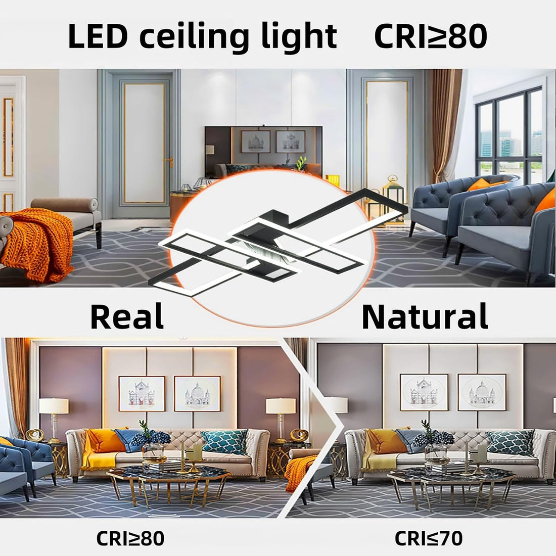 35.4&quot; Modern LED Ceiling Light Fixture – 94W Black Dimmable Rectangular Chandelier with Remote Control, Flush Mount Geometric Lamp for Living Room &amp; Bedroom