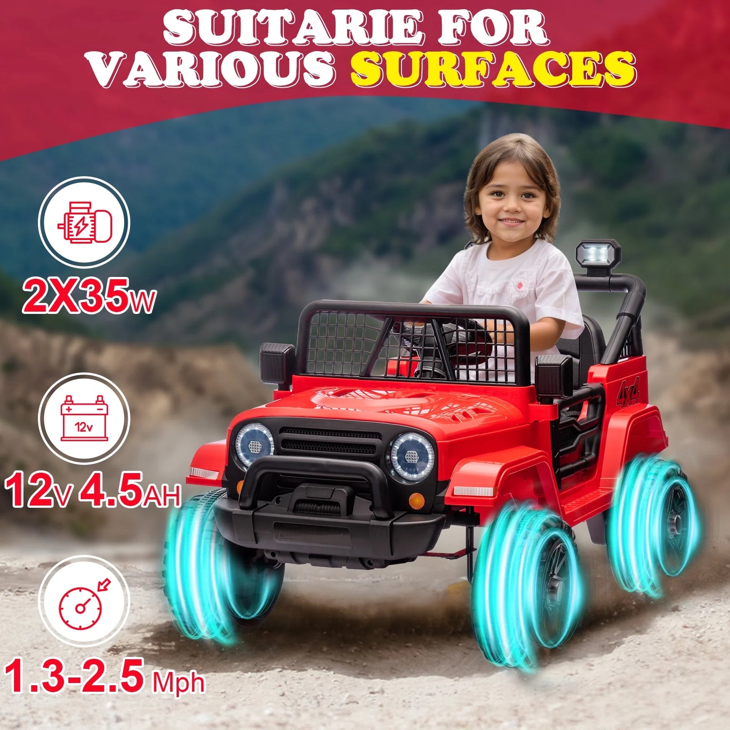 2V Kids Ride-On Truck Car with Parent Remote Control, LED Lights – Red: