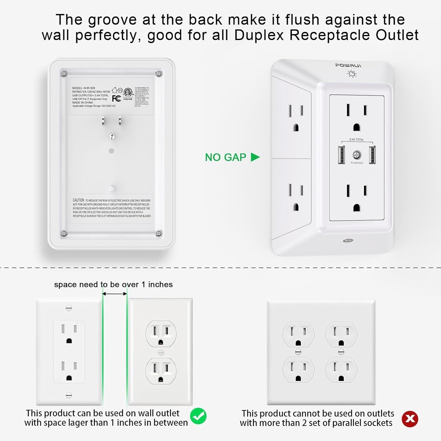 USB Wall Charger Surge Protector 6-Outlet Extender with Night Light &amp; 2 USB Ports