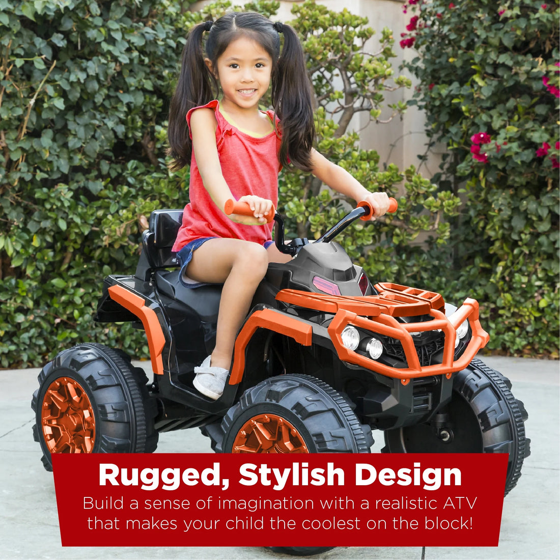 12V Kids Ride-On ATV Quad – Orange with Bluetooth, LED Lights, Treaded Wheels &amp; 2-Speed Forward/Reverse