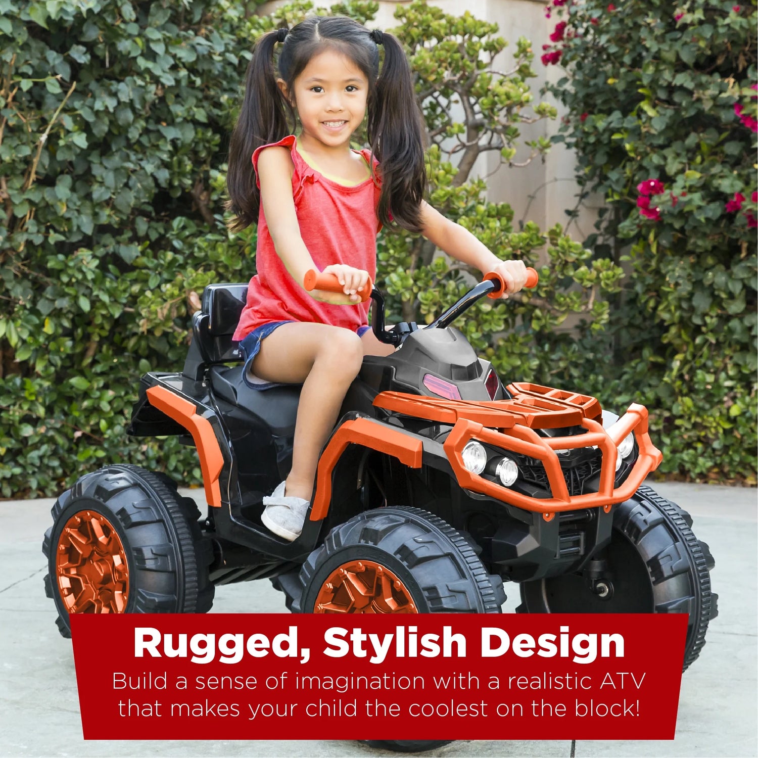 12V Kids Ride-On ATV Quad – Orange with Bluetooth, LED Lights, Treaded Wheels &amp; 2-Speed Forward/Reverse