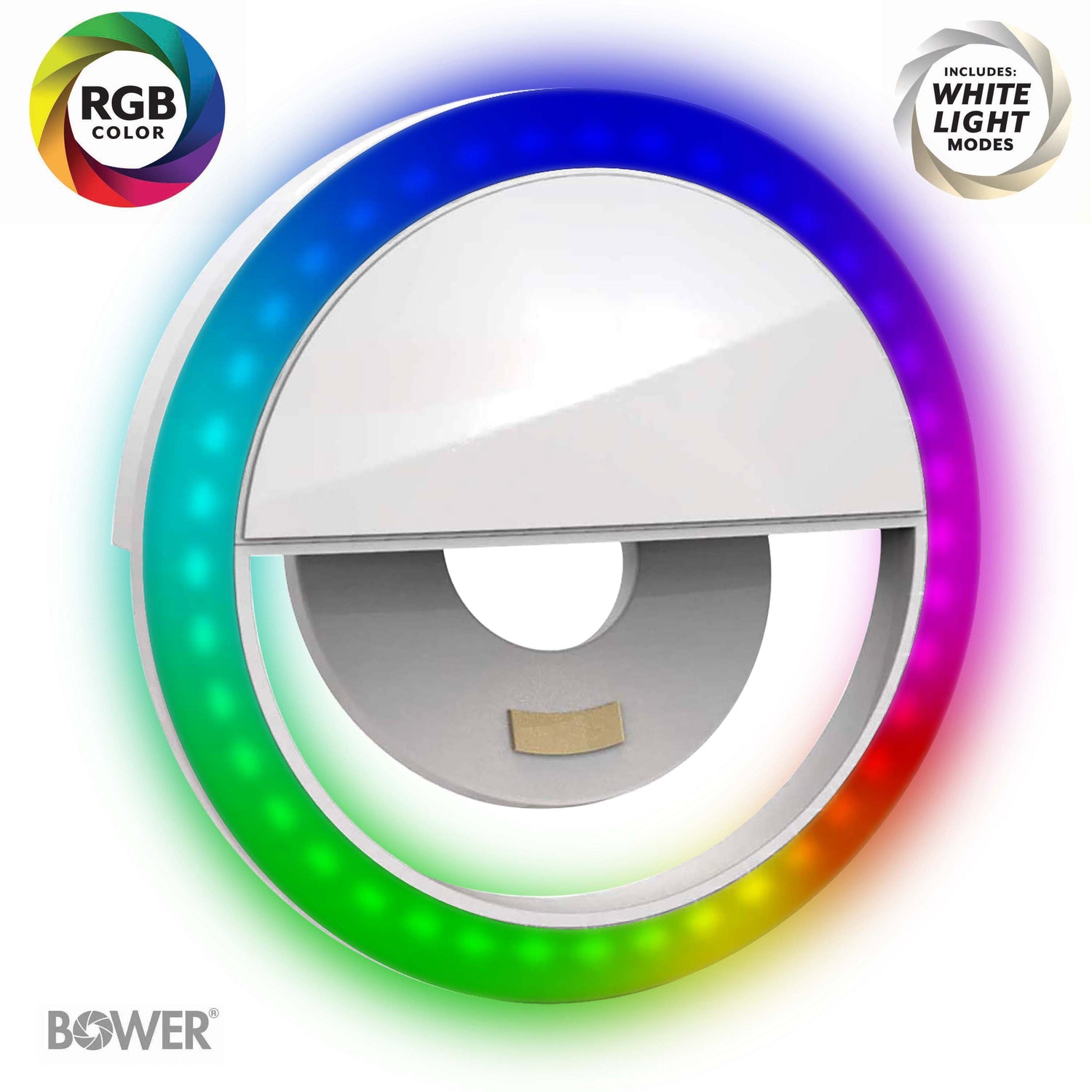RGB Phone Clip LED Light – Selfie &amp; Makeup Light, Adjustable Brightness, Portable LED Ring for Phones, White
