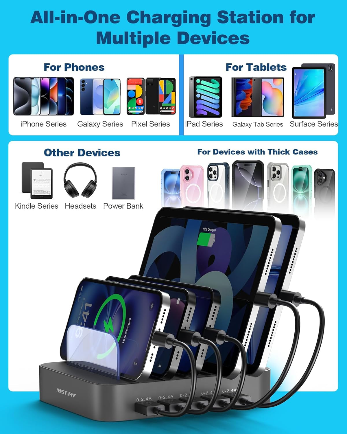 5-Port Multi USB-A Charging Station with Organizer Dock – Includes 7 Short Cables | Compatible with iPhone, iPad, Cell Phones &amp; Tablets | Gray