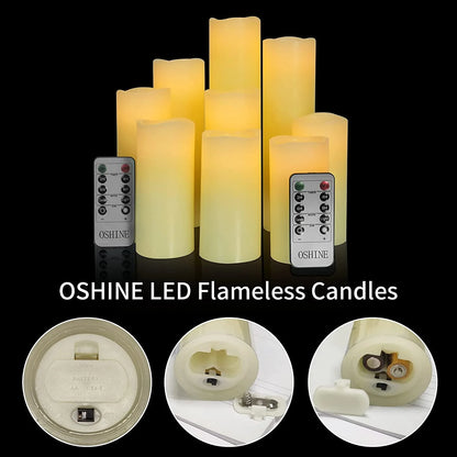 9-Pack Flameless Real Wax LED Pillar Candles – Battery Operated Ivory Electric Candles with Flickering Light, Remote Control &amp; Timer, 300+ Hours Use for Halloween &amp; Home Decor