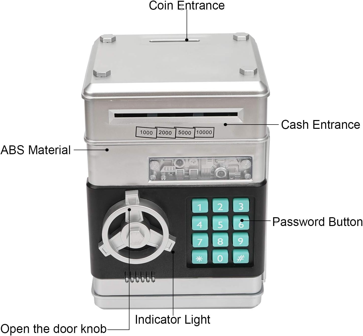 Electronic Piggy Bank – Mini ATM Password Money Bank for Kids, Cash &amp; Coin Saving Box, Cartoon Safe Toy (Silvery)