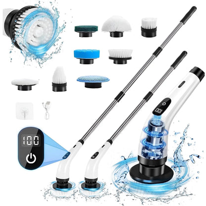 🧼 Electric Spin Scrubber – Cordless Cleaning Brush with 8 Interchangeable Heads &amp; Extendable Handle for Bathroom, Kitchen, Tile, and Floor Cleaning