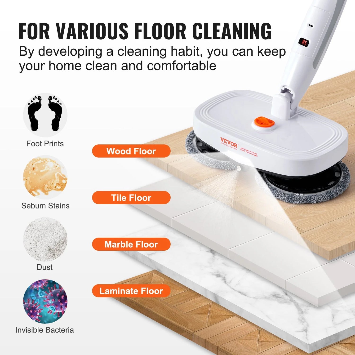 VEVOR Cordless Electric Spin Mop – Battery-Powered Floor Cleaner with Water Tank, LED Headlight, Dual Mop Heads &amp; Microfiber Pads for Hardwood, Tile, and Laminate