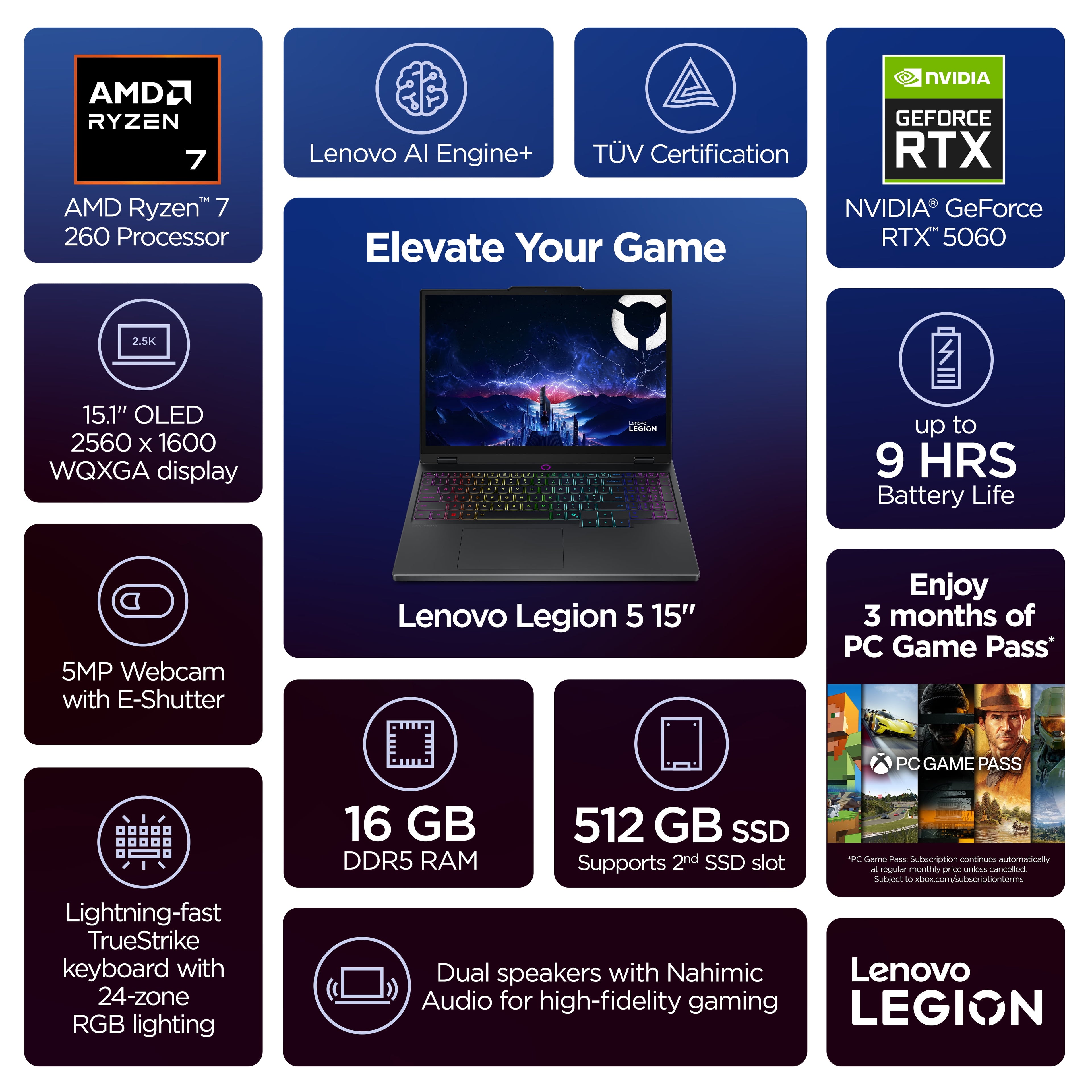 Lenovo Legion 5 15.1&quot; WQXGA OLED Gaming Laptop | AMD Ryzen 7 260 | NVIDIA GeForce RTX 5060 | 16GB RAM | 512GB SSD | Windows 11 | Model 83M0004AUS