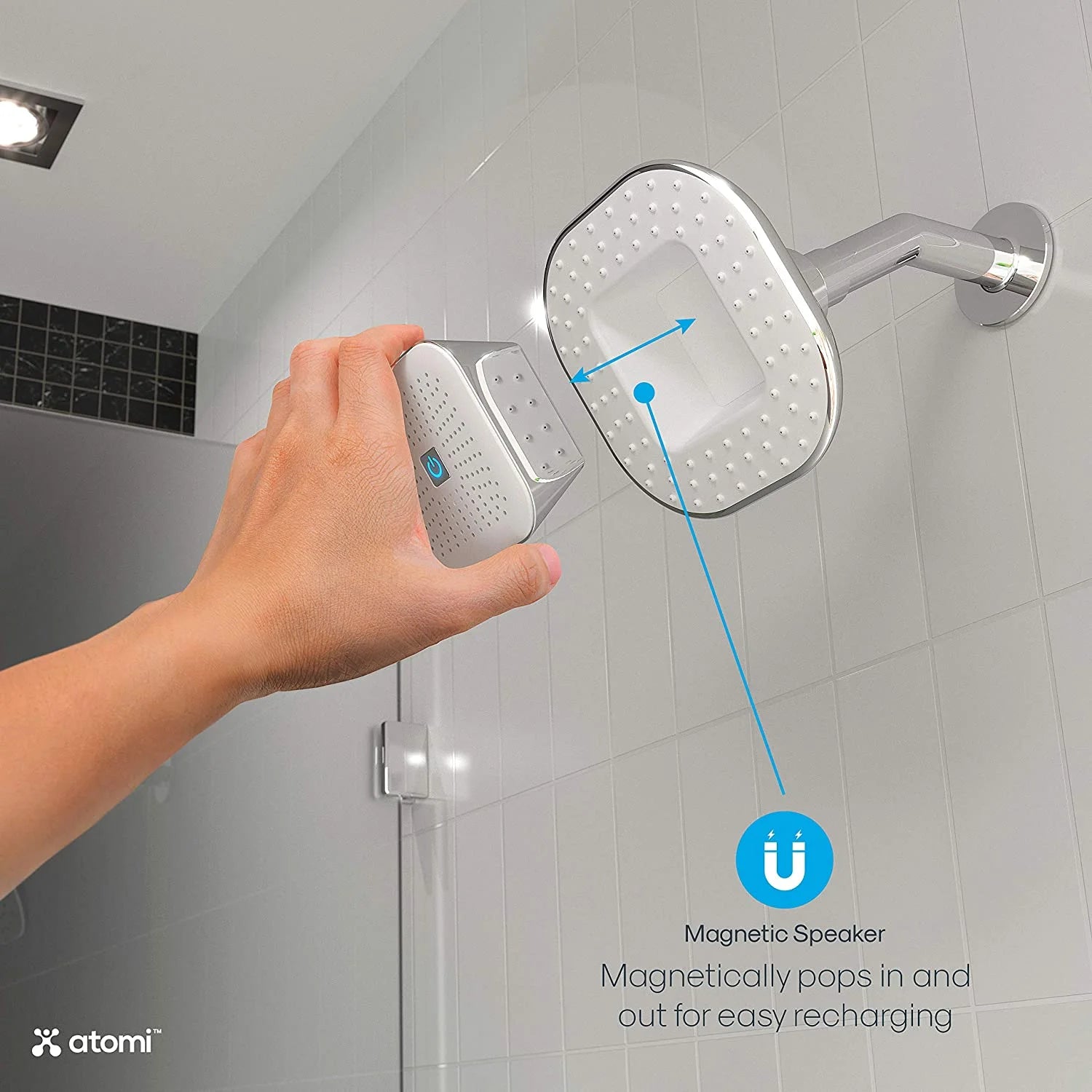 🚿 4.9” White Showerhead with Removable Magnetic Bluetooth Speaker – Model AT1490