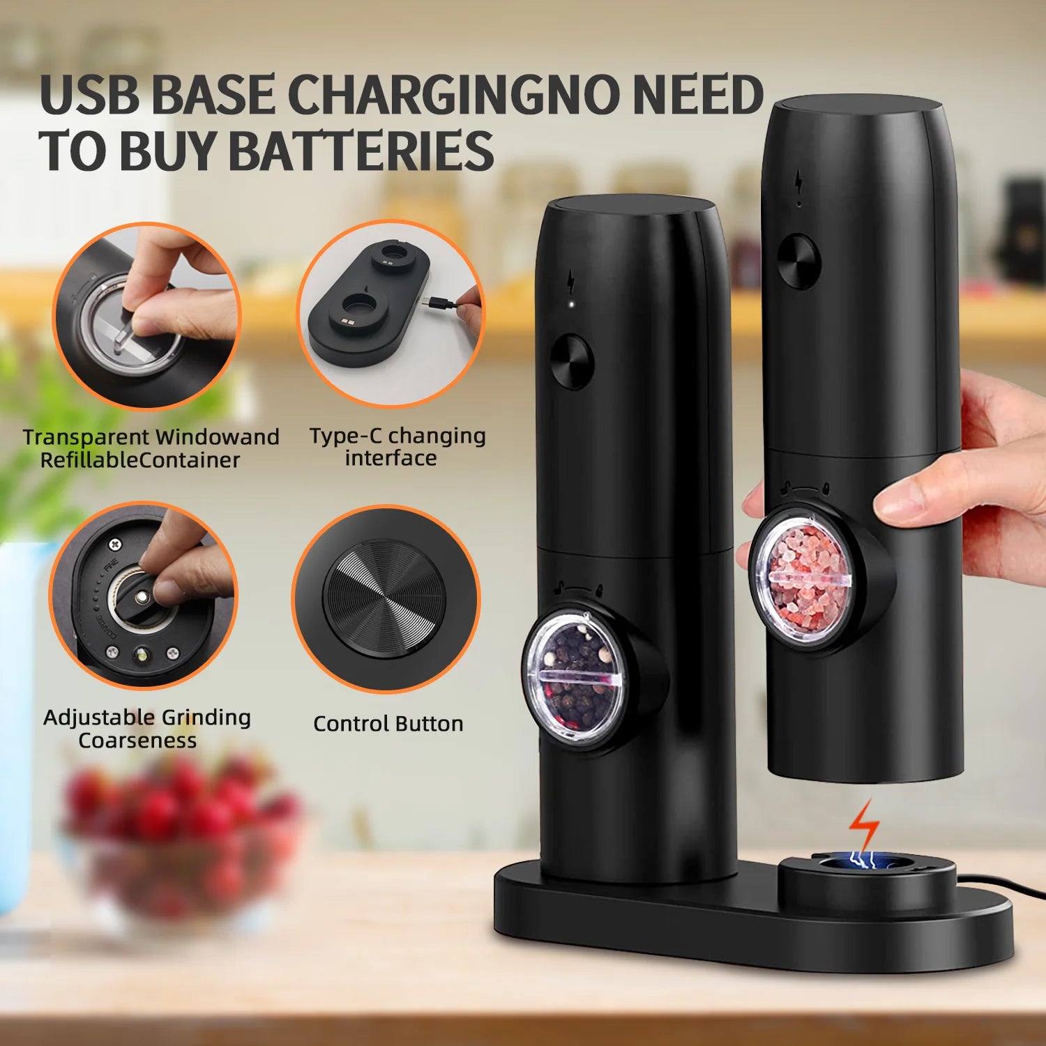 Electric Salt and Pepper Grinder Set – 2-Pack Rechargeable, Adjustable Coarseness, One-Handed Operation with LED Light