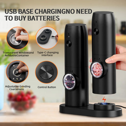 Electric Salt and Pepper Grinder Set – 2-Pack Rechargeable, Adjustable Coarseness, One-Handed Operation with LED Light
