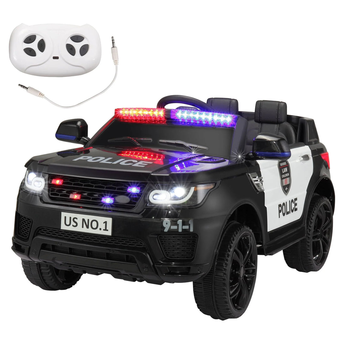 🚓 12V Police Car Ride-On with Remote Control, Real Megaphone, Music, LED Siren &amp; Bluetooth – For Kids Ages 3-8