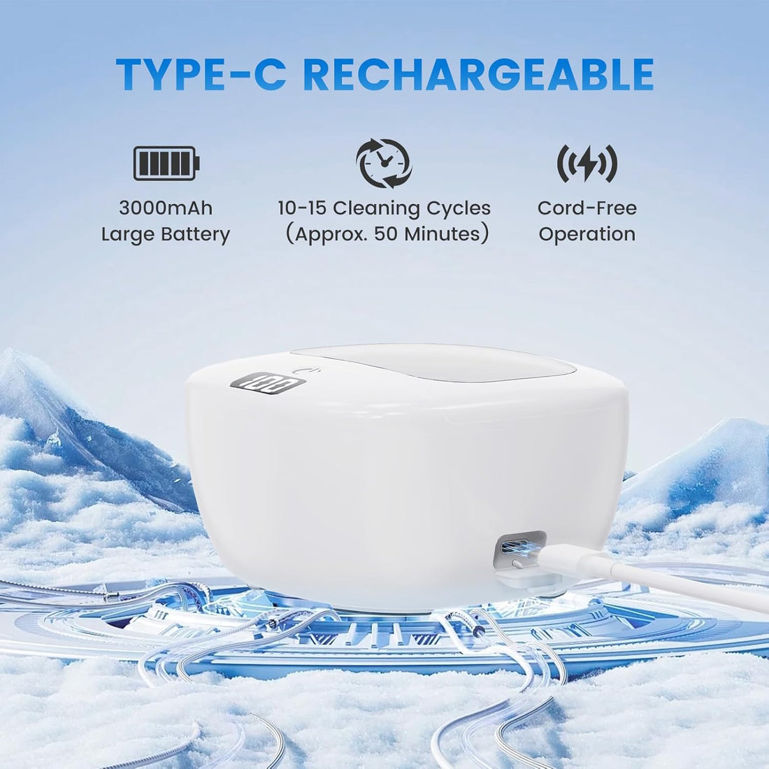 Rechargeable Ultrasonic Retainer Cleaner Machine – Cordless, IPX7 Waterproof, 2 Cleaning Modes with Digital Timer – 120ML Portable Cleaner for Dentures, Aligners, Night Guards, Mouth Guards, Jewelry (White)