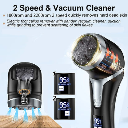 Electric Foot Callus Remover with Vacuum Cleaner – Rechargeable Foot File Dead Skin Remover with 2-Speed Settings, 3 Grinding Heads, LCD Display – Professional Black Foot Care Kit